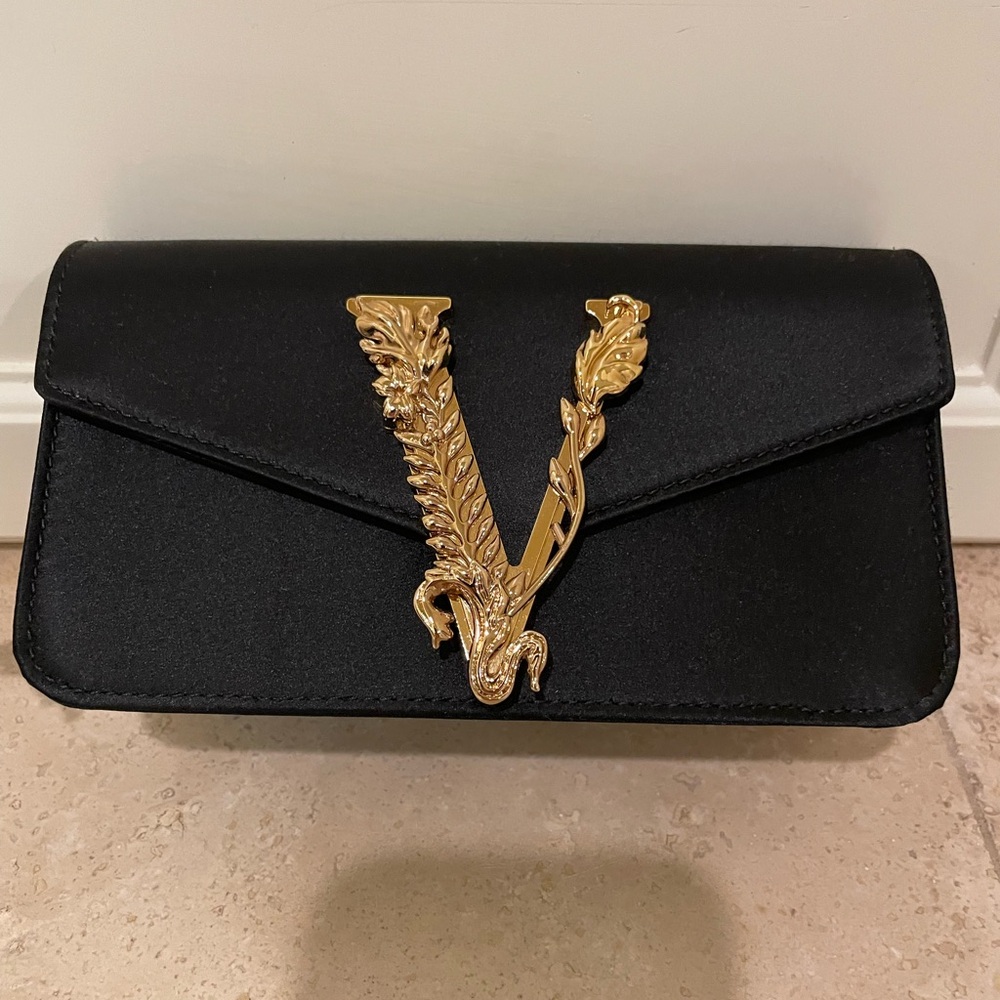 Versace Black Clutch with Gold Embellishment and removable crossbody chain strap - Picture 1 of 7